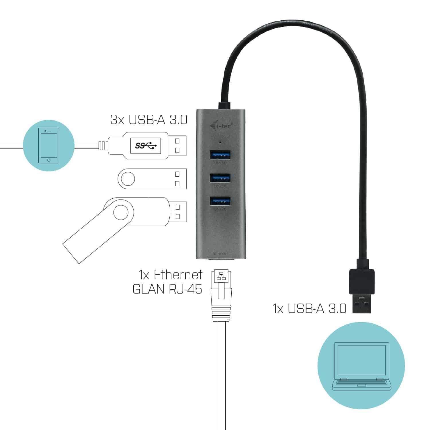 i-tec Metal USB 3.0 HUB 3 Port + Gigabit Ethernet Adapter - Afbeelding 3