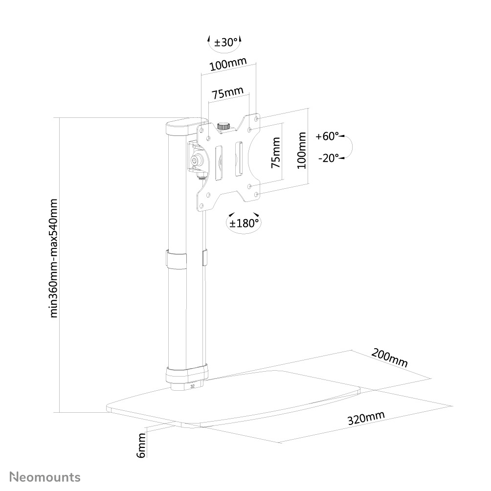 Neomounts FPMA-D890BLACK Stylish Monitor Desk Stand, 10-30", 6 kg, 100x100mm, Height, Bla