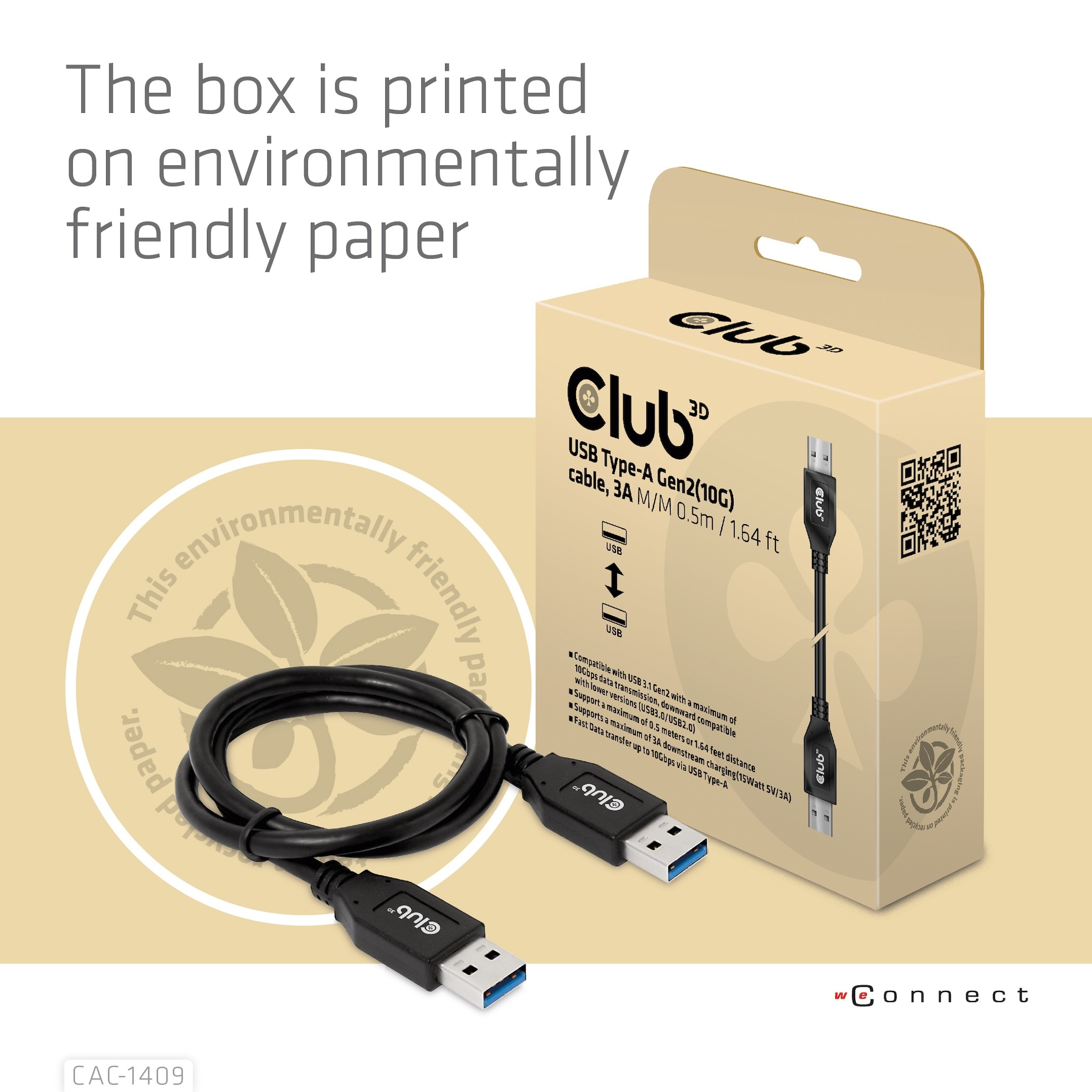 CLUB3D USB Type-A Gen2(10G) cable, 3A M/M 0.5m / 1.64 ft - Afbeelding 4