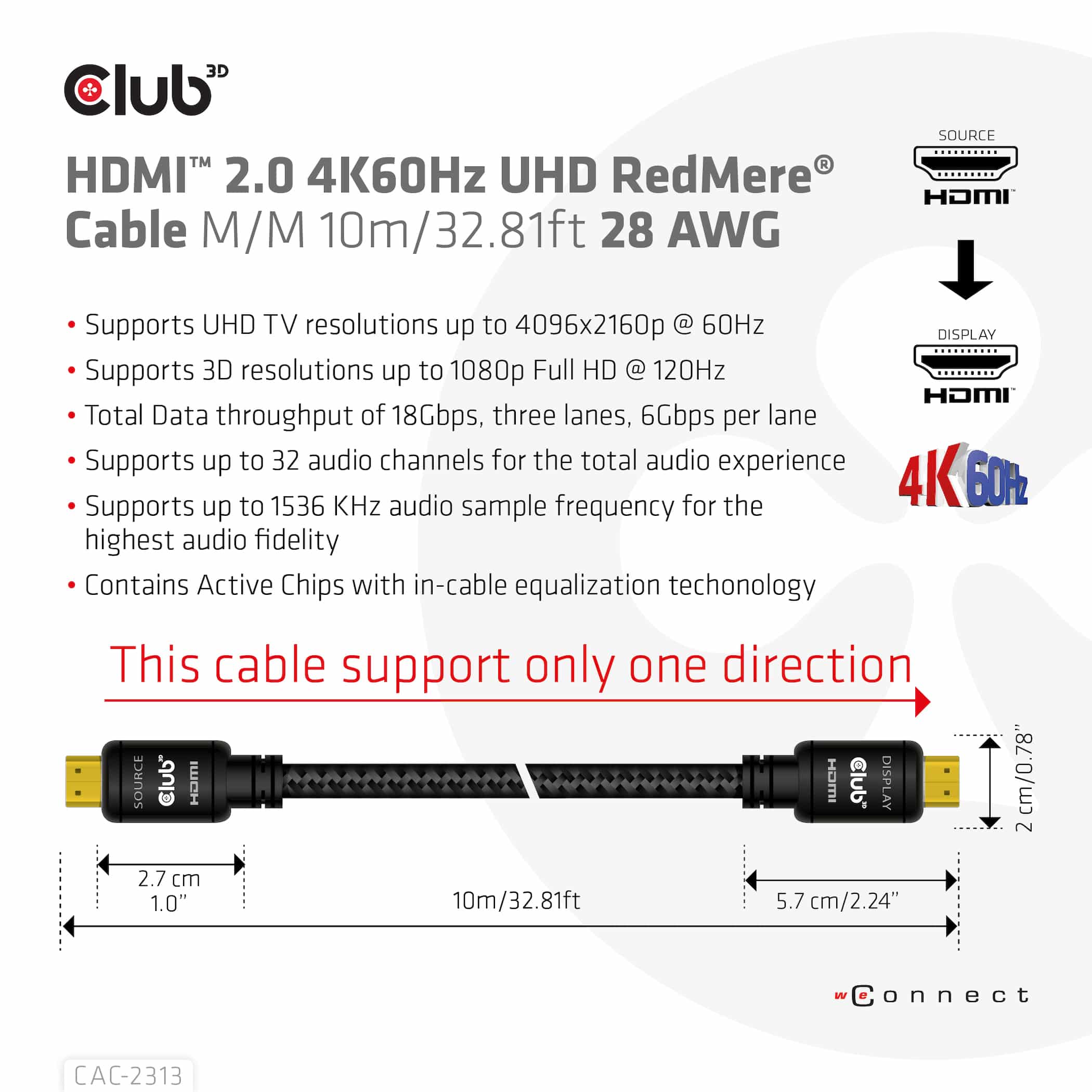 CLUB3D HDMI 2.0 4K60Hz RedMere Kabel 10 meter - Afbeelding 8