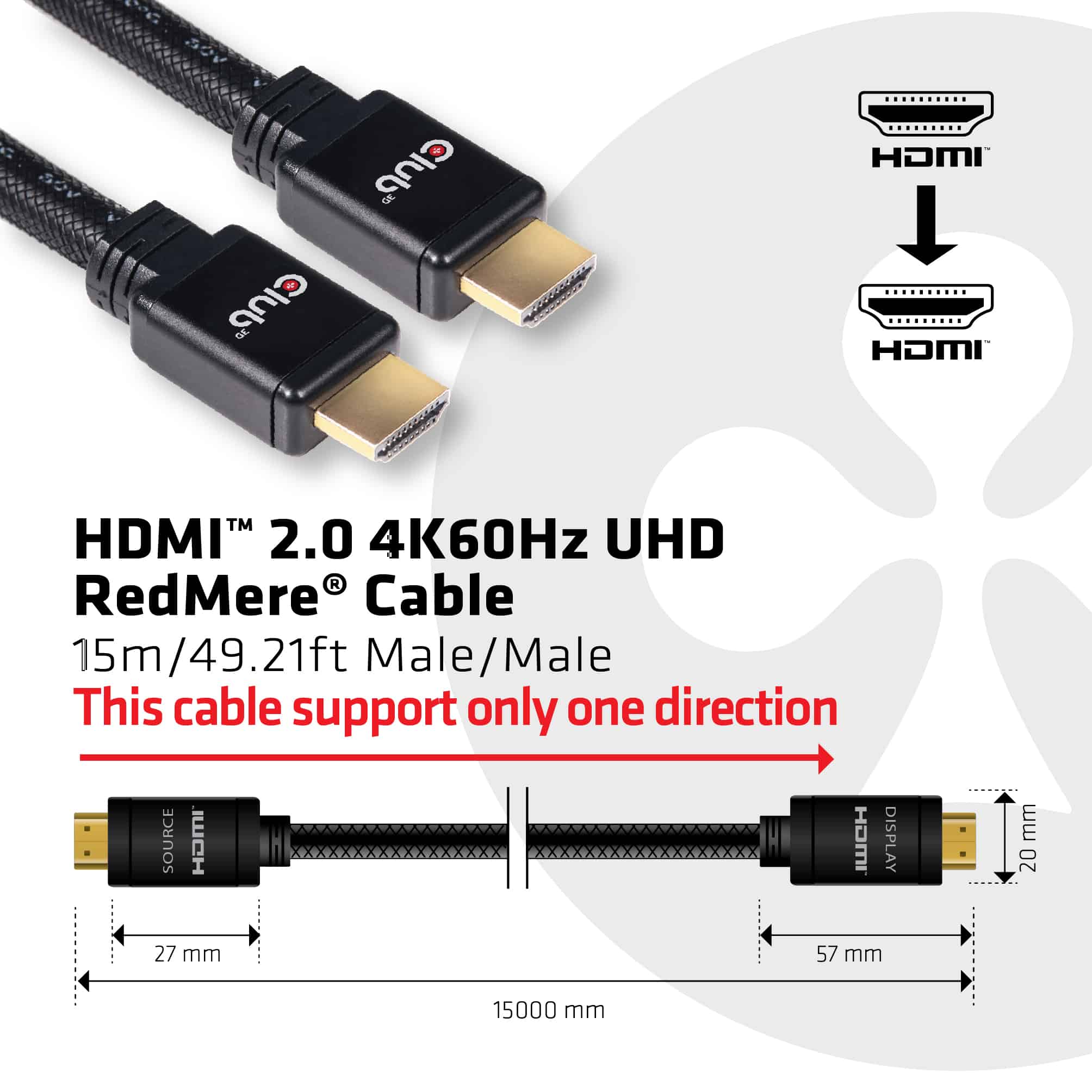 CLUB3D HDMI 2.0 4K60Hz UHD RedMere Kabel 15 meter - Afbeelding 3