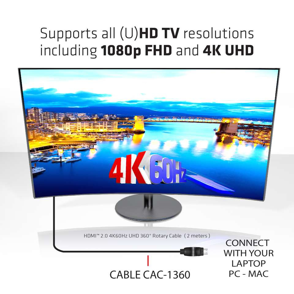 CLUB3D HDMI 2.0 4K60Hz UHD 360 Graden roterende kabel 2 meter - Afbeelding 6