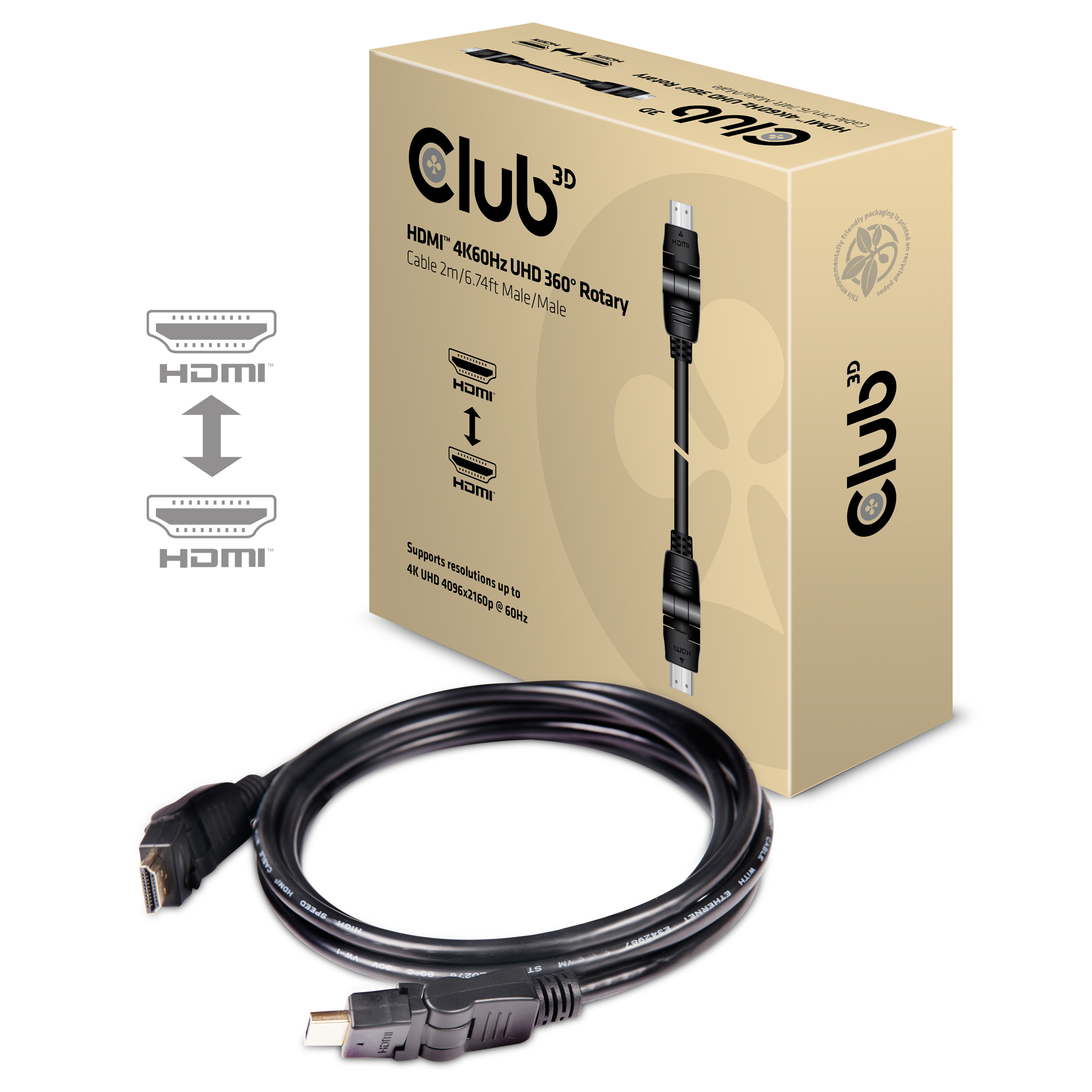 CLUB3D HDMI 2.0 4K60Hz UHD 360 Graden roterende kabel 2 meter - Afbeelding 7