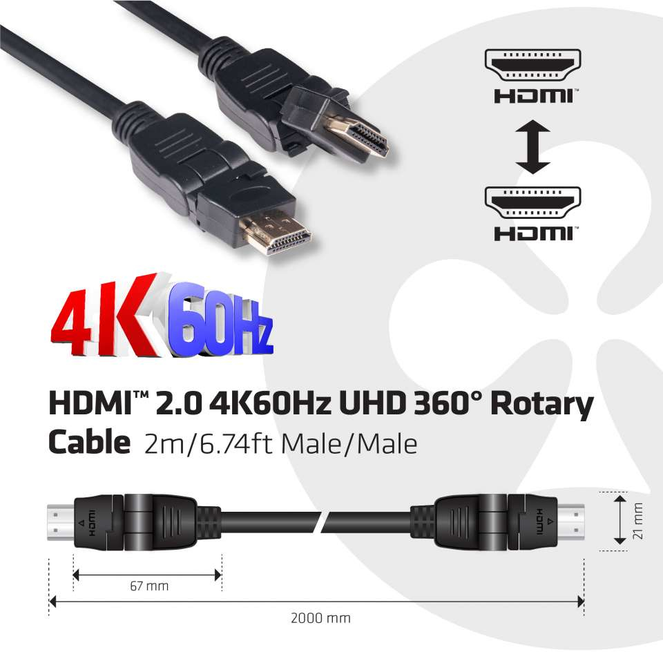 CLUB3D HDMI 2.0 4K60Hz UHD 360 Graden roterende kabel 2 meter - Afbeelding 4