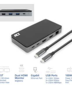 ACT USB-C 4K MST dockingstation voor 2 HDMI-monitoren, Ethernet, USB-C, 3x USB-A, PD passthrough en 1 meter lange afneembare USB-C-kabel - Afbeelding 3