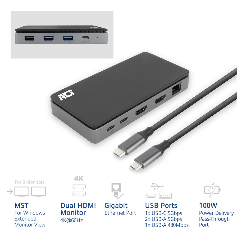 ACT USB-C 4K MST dockingstation voor 2 HDMI-monitoren, Ethernet, USB-C, 3x USB-A, PD passthrough en 1 meter lange afneembare USB-C-kabel - Afbeelding 3