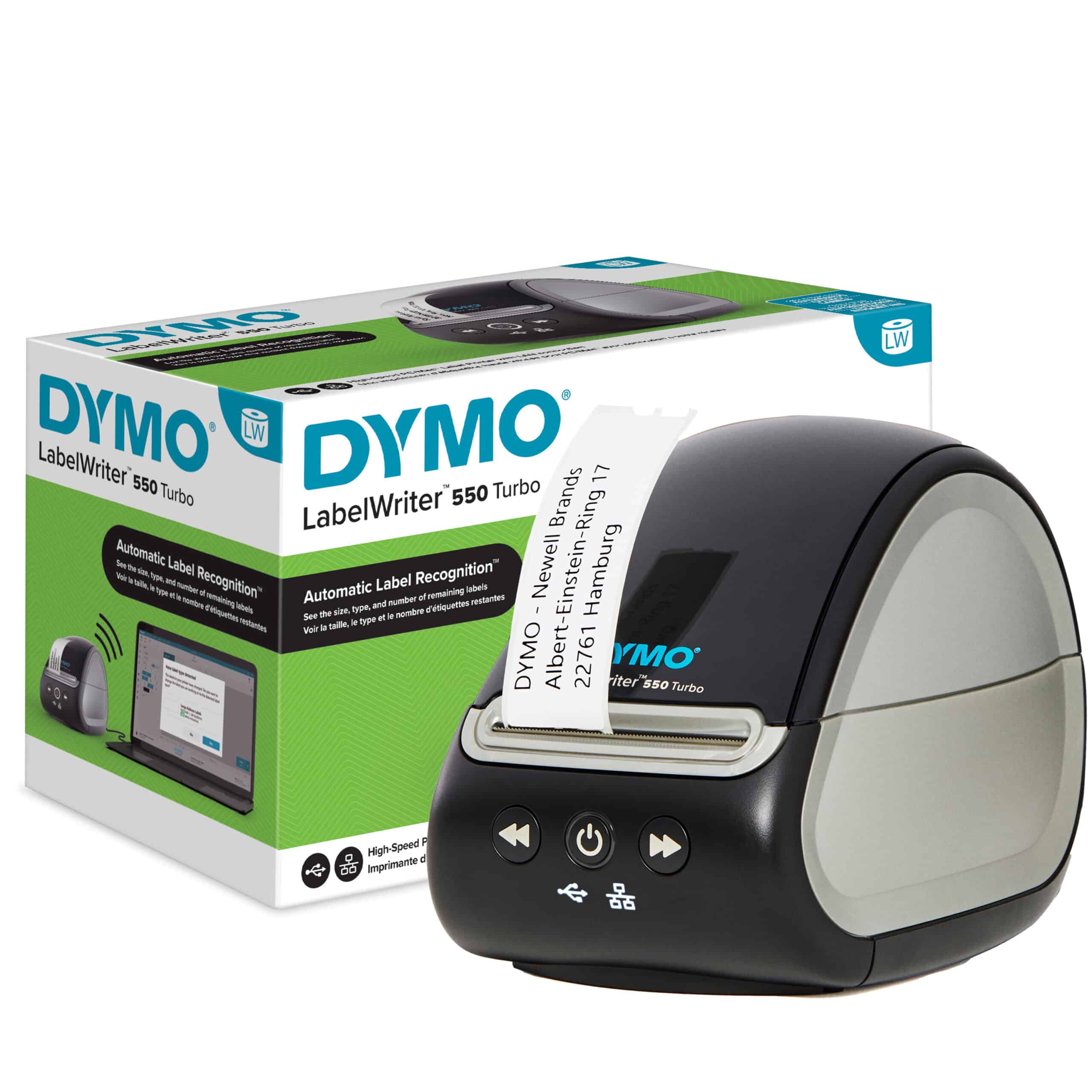 DYMO LabelWriter 550 Turbo Labelprinter | Labelmaker met direct thermisch afdrukken op hoge snelheid | Automatische labelherkenning | Drukt verzendlabels en meer af met USB/LAN-connectiviteit