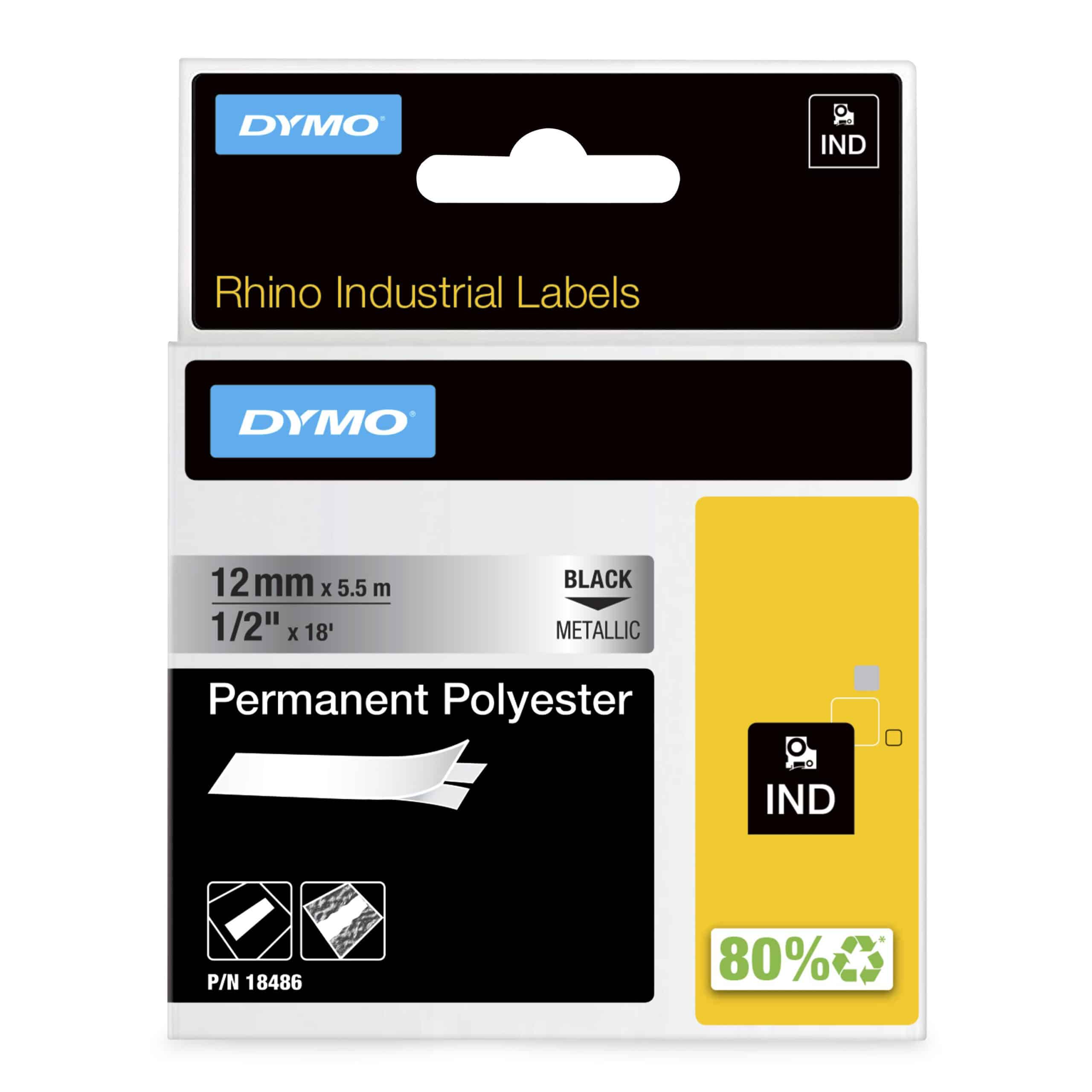 DYMO Rhino industriële labels | Permanent Polyester | 12 mm x 3,5 m | zwarte afdruk op metallic | zelfklevende labels voor Rhino & LabelManager labelprinters