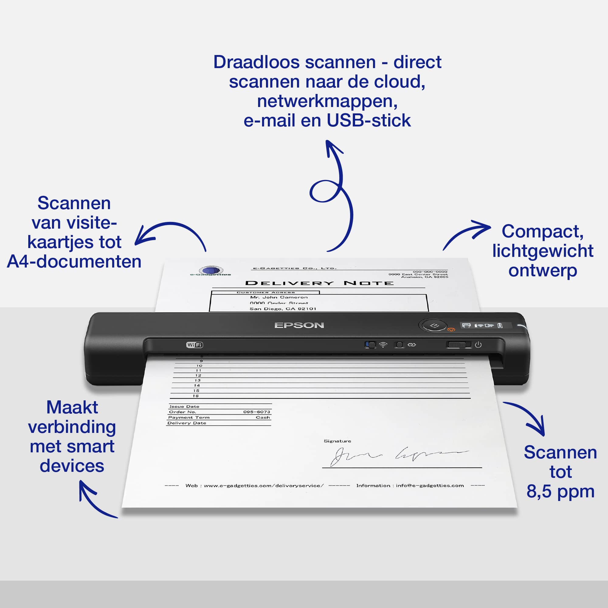 Epson WorkForce ES-60W, snelle draadloze mobiele A4-scanner met Wi-Fi-connectiviteit, ScanSmart-technologie en LCD-scherm - Afbeelding 3