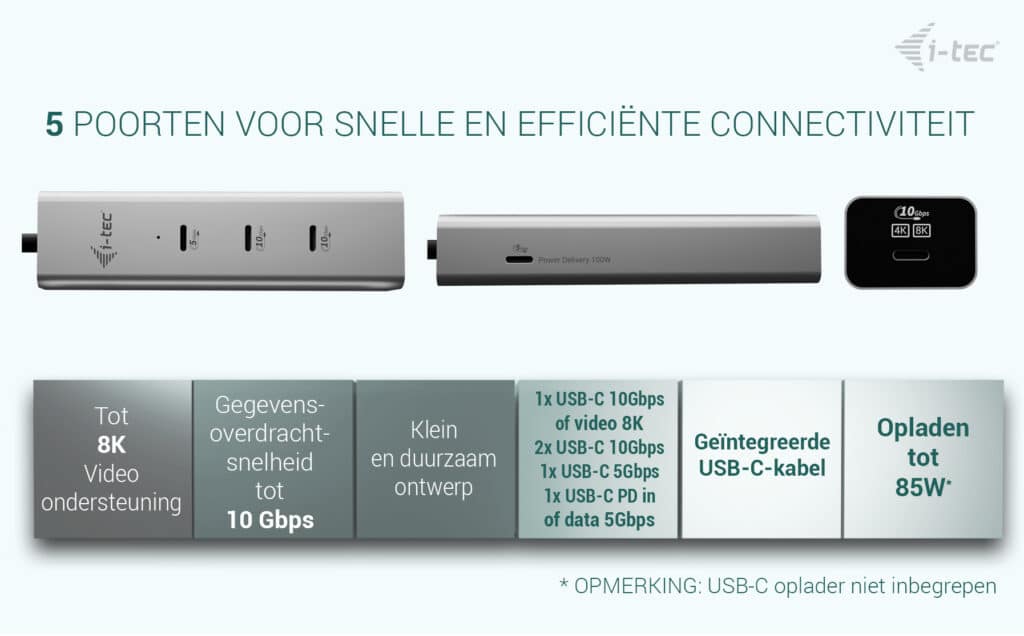 i-tec Metal USB-C Charging HUB 5port with USB-C video 8K + Power Delivery 85W - Afbeelding 5