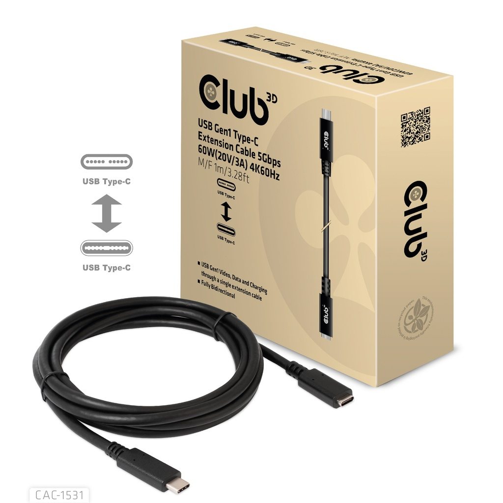 CLUB3D USB Gen1 Type-C Extensie kabel 5Gbps 60W(20V/3A) 4K60Hz M/F 1m/3.28ft - Afbeelding 2
