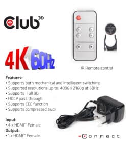 CLUB3D HDMI 2.0 UHD 4K60Hz SwitchBox 4 poorten en inbegrepen IR-afstandsbediening - Afbeelding 8