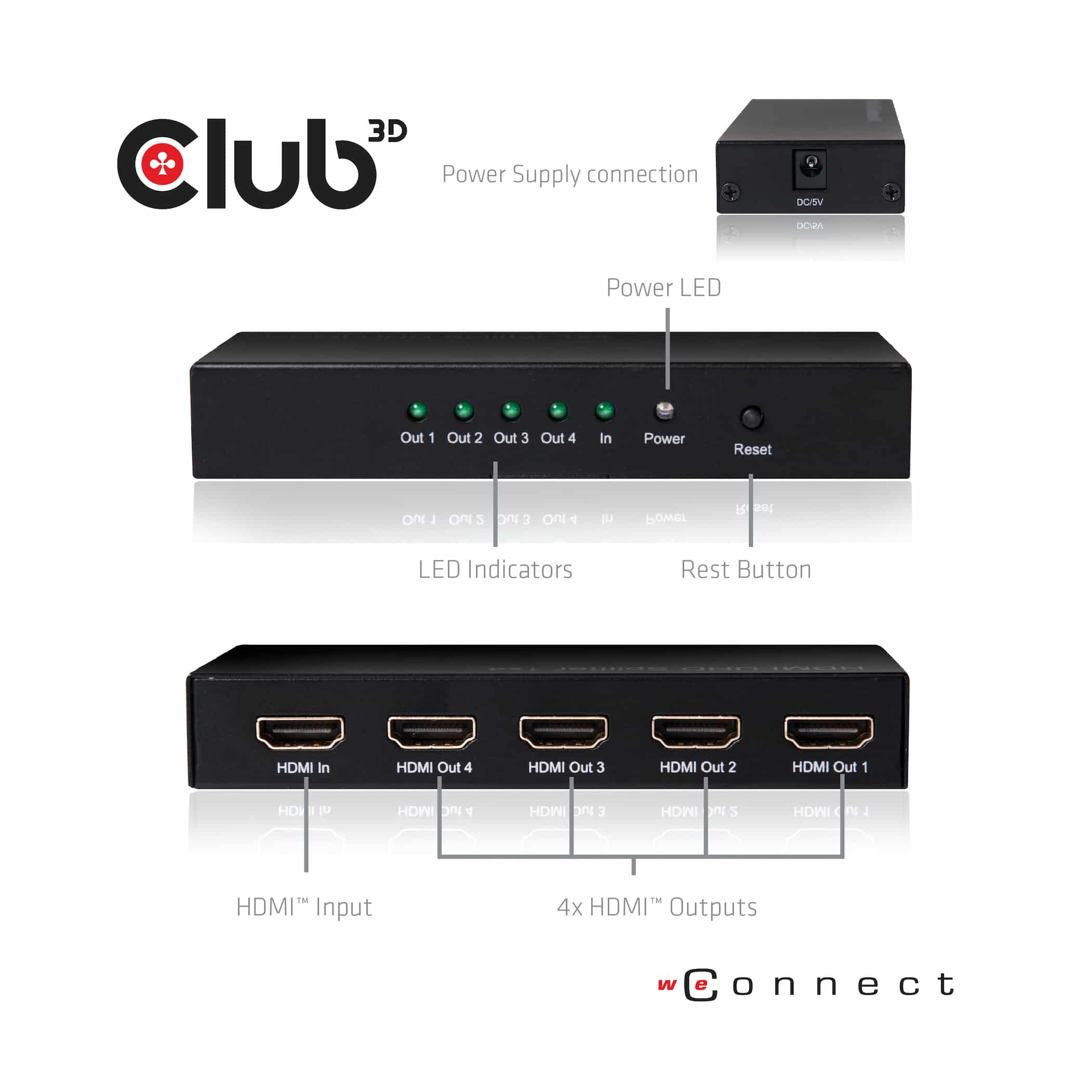 CLUB3D HDMI 4K@60Hz UHD Splitter AC Power 4 ports - Afbeelding 3