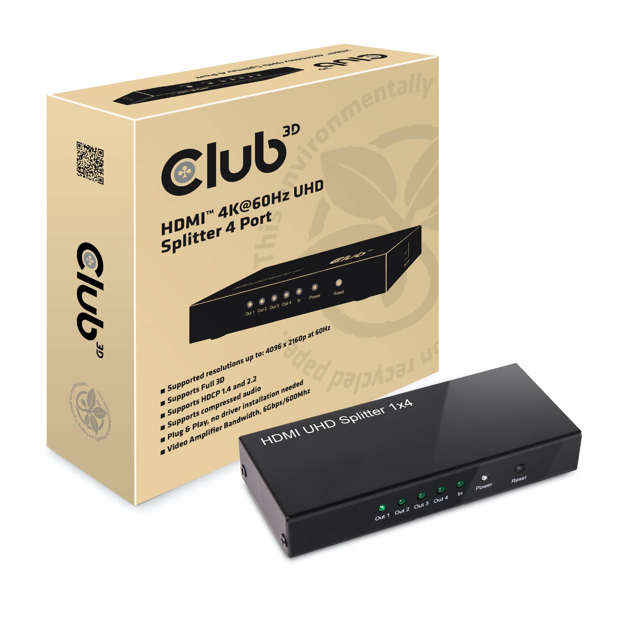 CLUB3D HDMI 4K@60Hz UHD Splitter AC Power 4 ports - Afbeelding 2