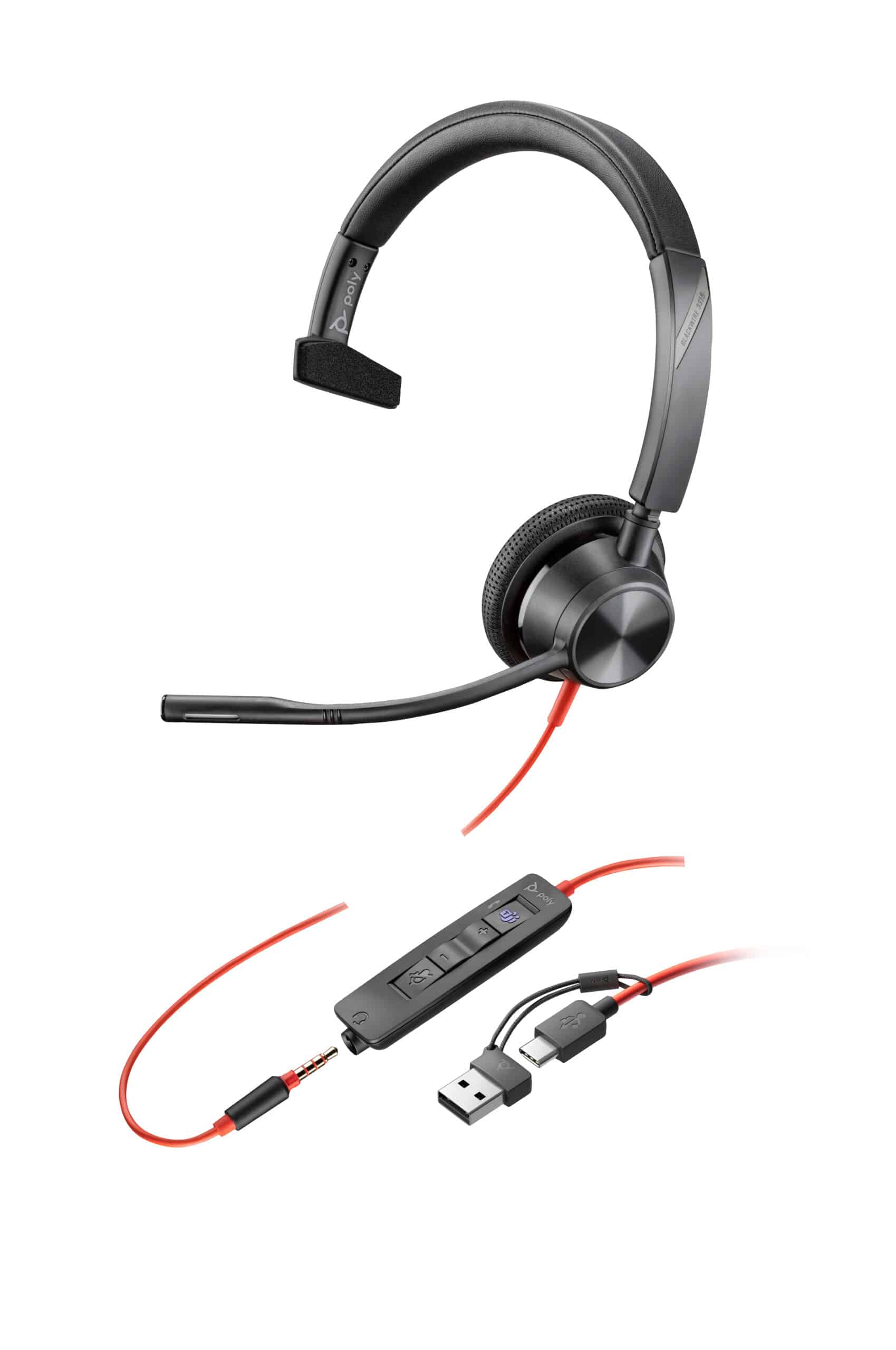 HP Poly Blackwire 3315 Monaural Microsoft Teams Certified USB-C Headset + 3,5 mm plug + USB-C/A adapter - Afbeelding 4