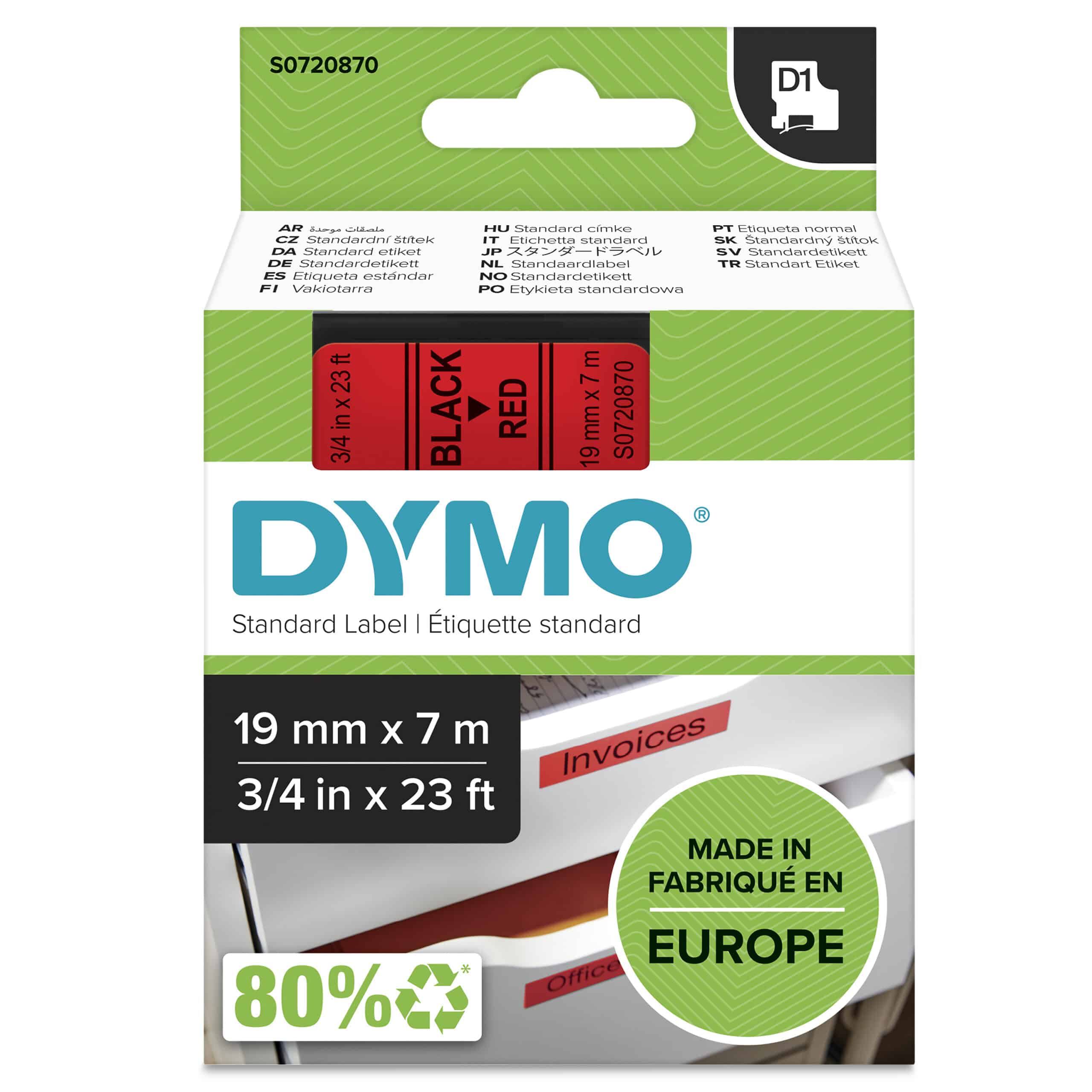 DYMO originele D1 labels | Zwarte Tekst op Rood Label | 19 mm x 7 m | zelfklevende etiketten voor de LabelManager labelmaker | gemaakt in Europa