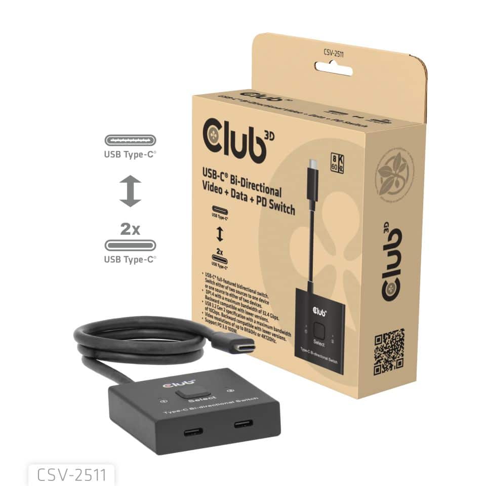 CLUB3D USB-C Bi-Directional Video + Data + PD Switch - Afbeelding 2