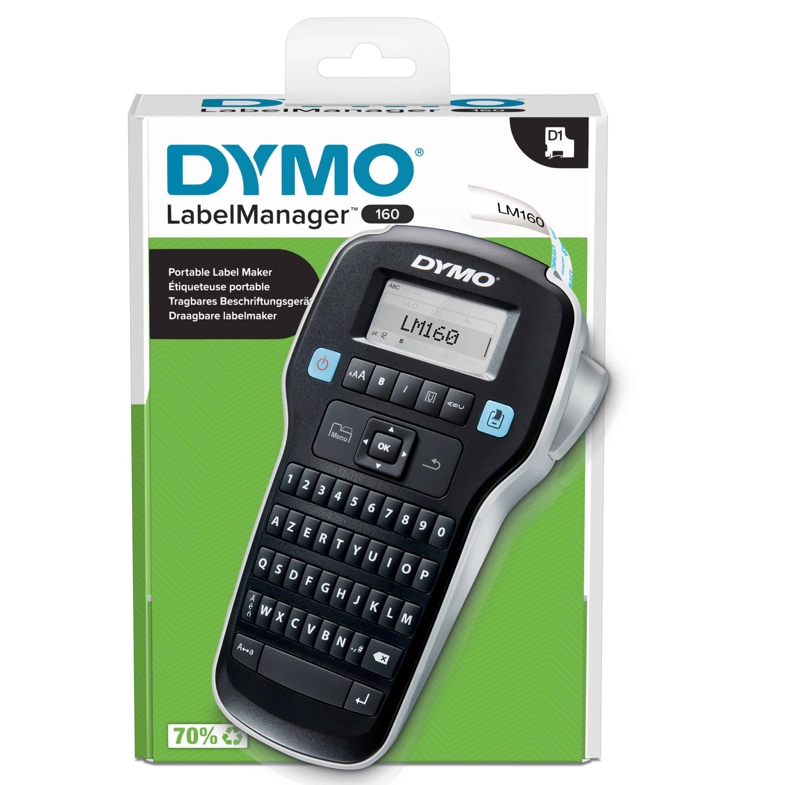 DYMO LabelManager 160-labelmaker | Draagbare labelprinter met AZERTY-toetsenbord | Inclusief zwart-wit D1-etiketten (12 mm) | Voor thuis en op kantoor