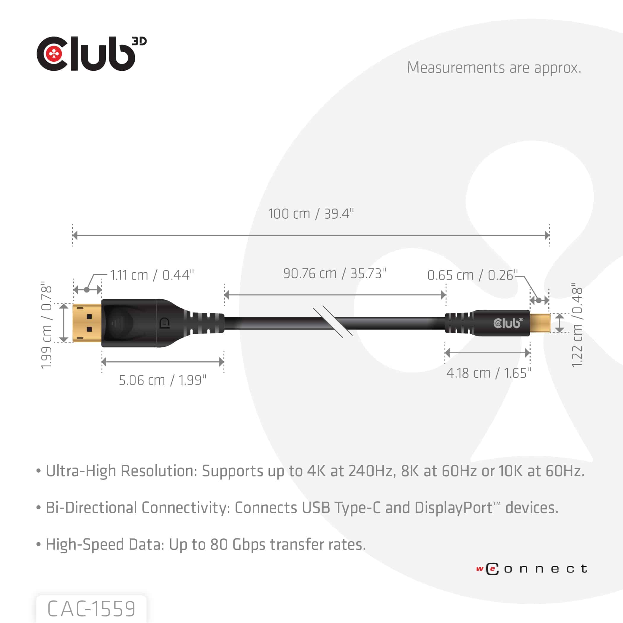 CLUB3D USB Type-C Cable to DP 2.1 Bi-Directional VESA DP80 Certified Cable M/M 1m/3.28ft - Afbeelding 3