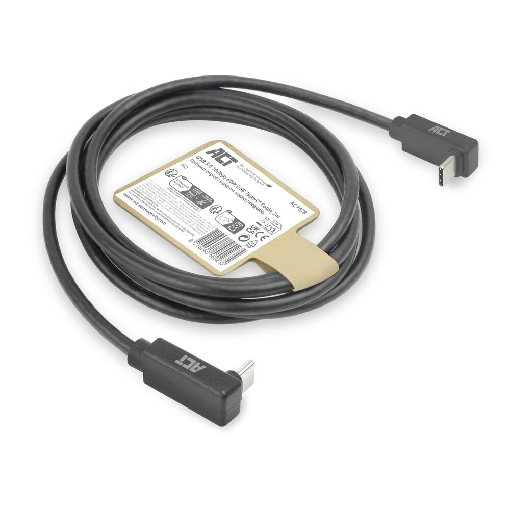 ACT USB 3.0 10Gbps 60W USB Type-C (haaks boven/beneden) naar USB Type-C (haaks boven/beneden) kabel, 2 meter - Afbeelding 3
