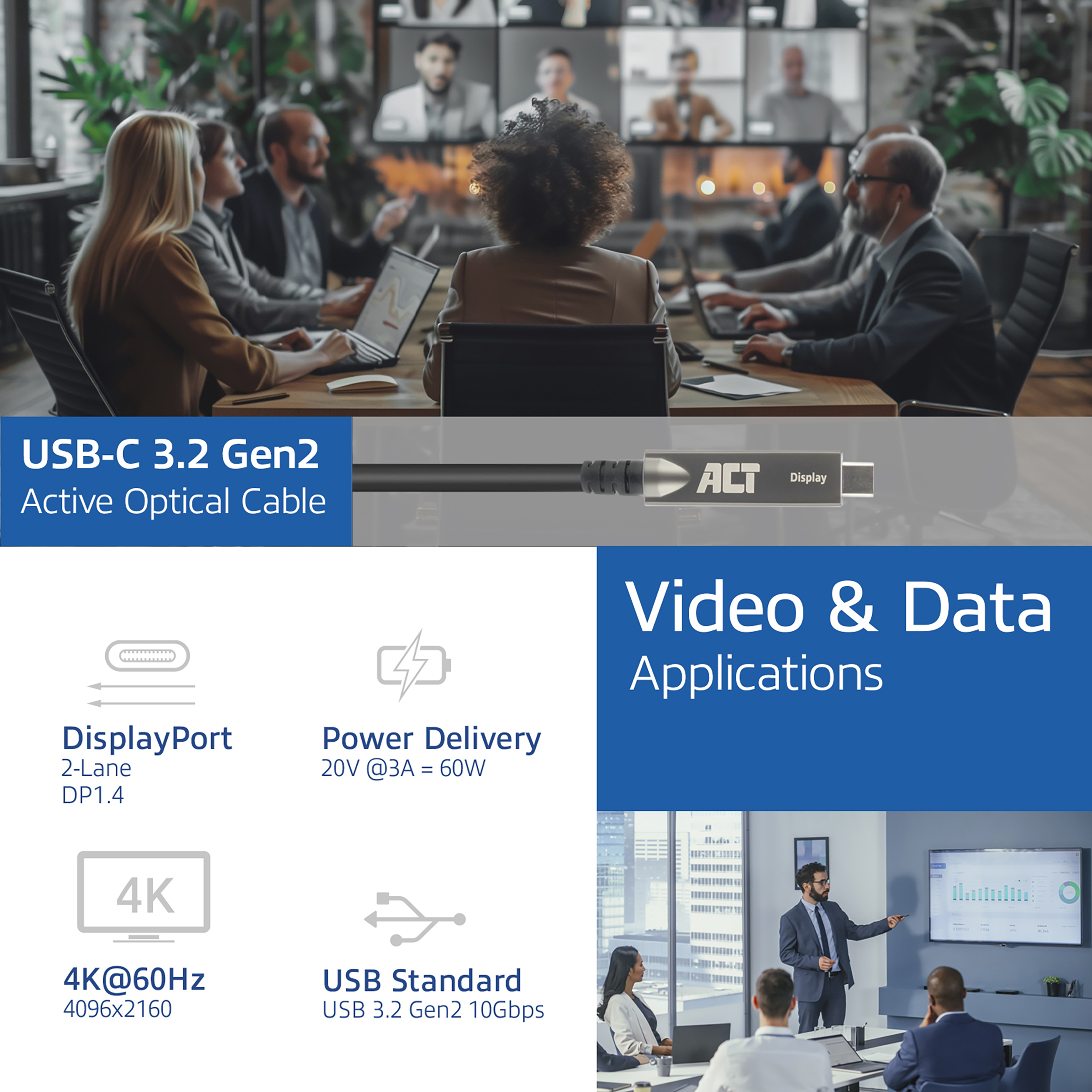 ACT USB-C 3.2 Gen2 Active Optical Cable (AOC), voor touchpanels, video, data, power, 10m - Afbeelding 3