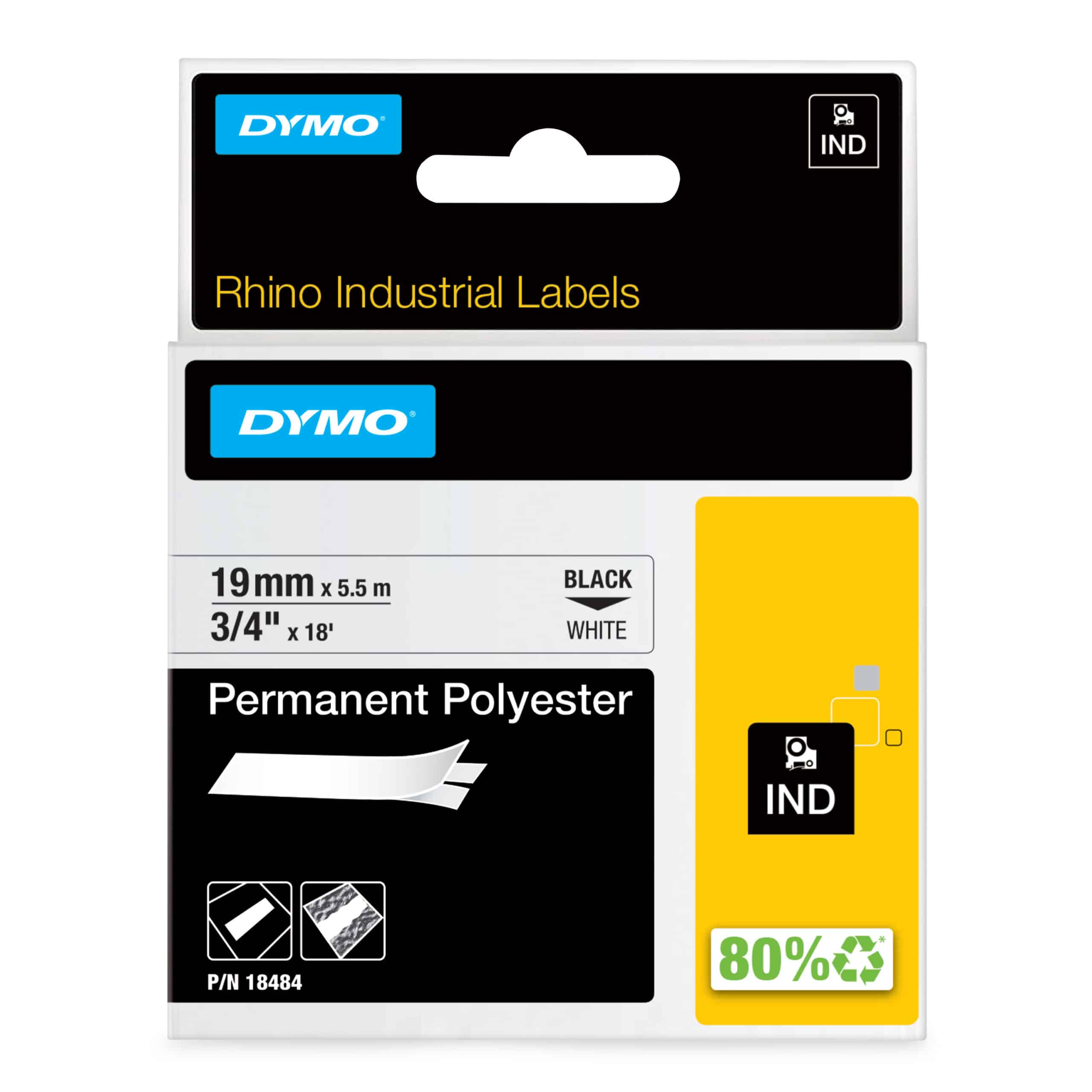 DYMO Rhino industriële labels | Permanent Polyester | 19 mm x 3,5 m | zwarte afdruk op wit | zelfklevende labels voor Rhino & LabelManager labelprinters