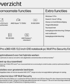 HP Pro x360 435 G10 AMD Ryzen™ 5 7530U Hybride (2-in-1) 33,8 cm (13.3") Touchscreen Full HD 16 GB DDR4-SDRAM 512 GB SSD Wi-Fi 6 (802.11ax) Windows 11 Pro Zilver
