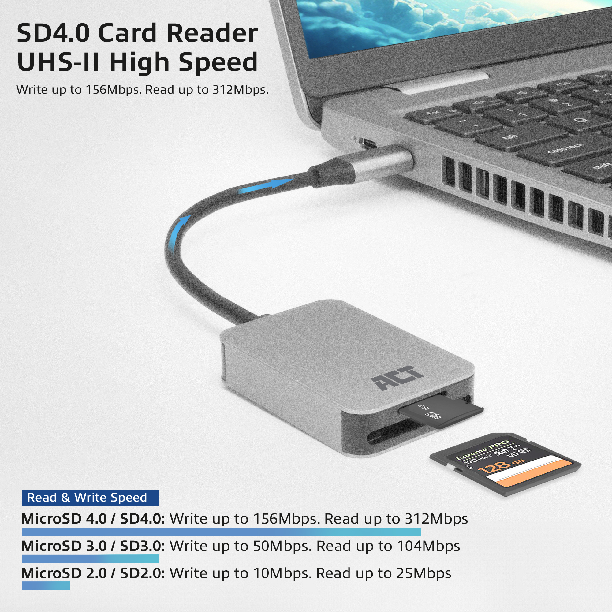 ACT USB-C kaartlezer voor SD en micro SD, SD 4.0 UHS-II - Afbeelding 3