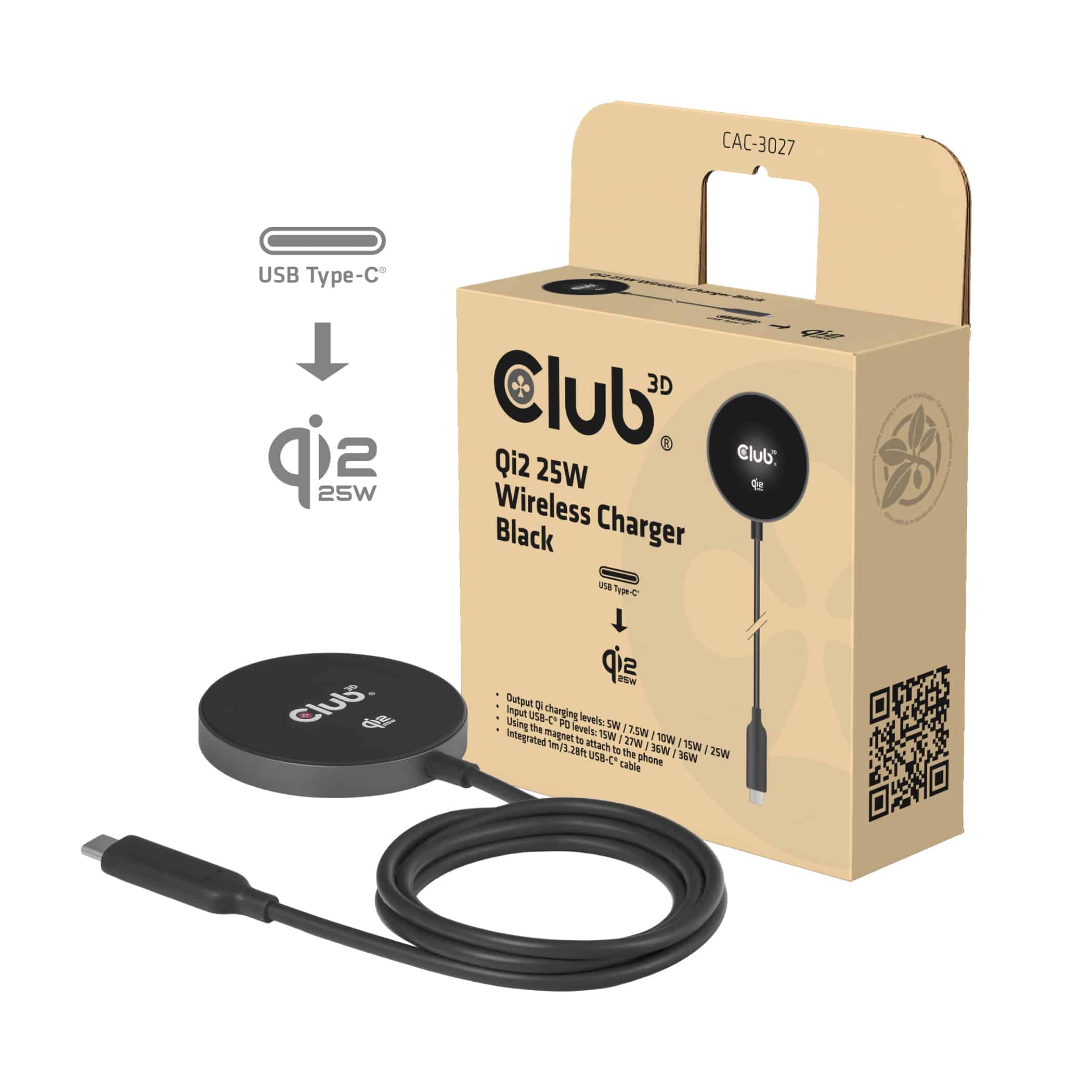 CLUB3D CAC-3027 Qi2 25W draadloze oplader zwart Qi 2.2 MagSafe-compatibel magnetisch pad - Afbeelding 2