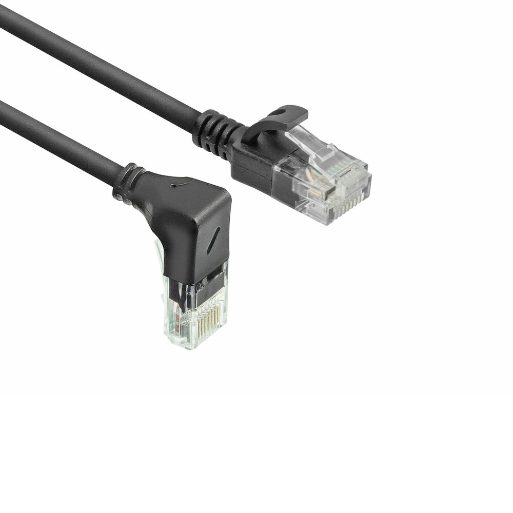 ACT Zwarte 5 meter U/UTP CAT6A LSZH slimline patchkabel met RJ45 connectoren, recht naar 90° haaks beneden