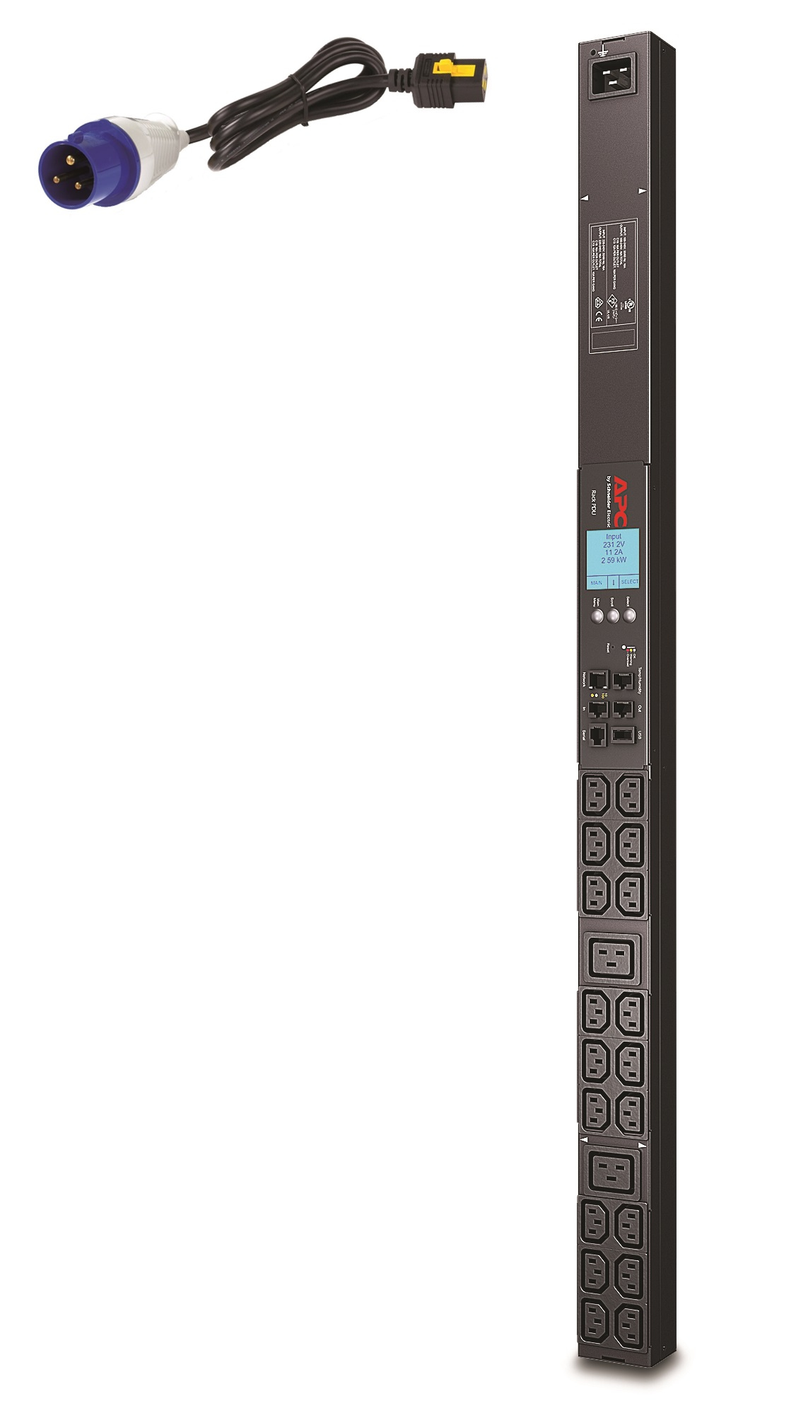 APC Rack PDU AP8858EU3 - Metered, ZeroU, 16A, 230V, (18x) C13 & (2x) C19, IEC 309 16A stekker