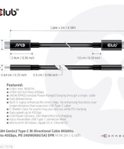 CLUB3D USB4 Gen3x2 Type-C Bi-Directional Cable 8K60Hz, Data 40Gbps, PD 240W(48V/5A) EPR M/M 2m / 6.56ft - Afbeelding 3