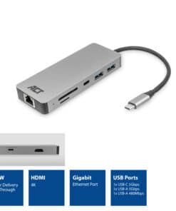 ACT USB-C 4K docking station voor 1 HDMI monitor, ethernet, USB-C, USB-A, cardreader en PD pass-through - Afbeelding 2