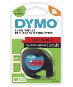 DYMO LetraTag originele plastic labels | Zwarte afdruk op rode etiketten | 12 mm x 4 m | Zelfklevende multifunctionele labels voor LetraTag labelprinters | gemaakt in Europa