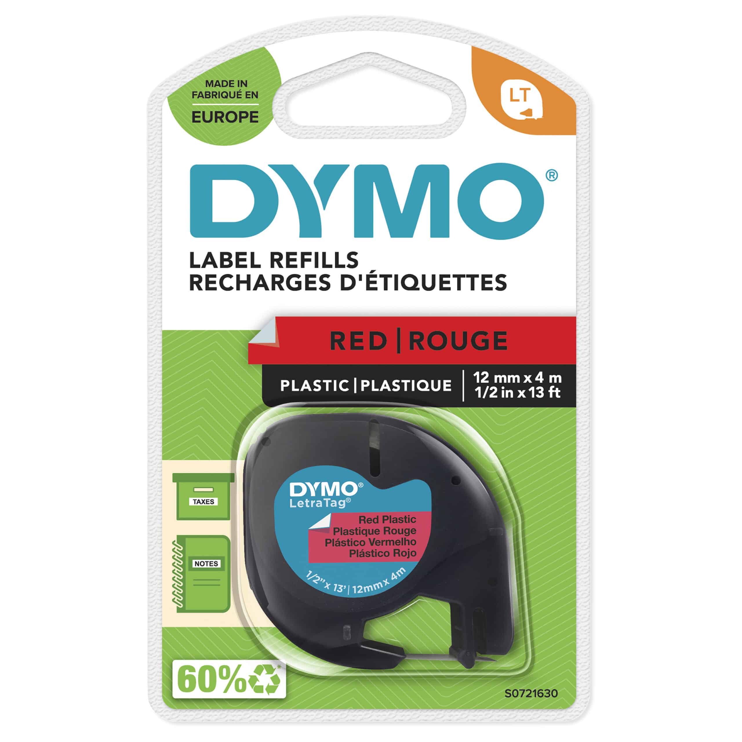 DYMO LetraTag originele plastic labels | Zwarte afdruk op rode etiketten | 12 mm x 4 m | Zelfklevende multifunctionele labels voor LetraTag labelprinters | gemaakt in Europa