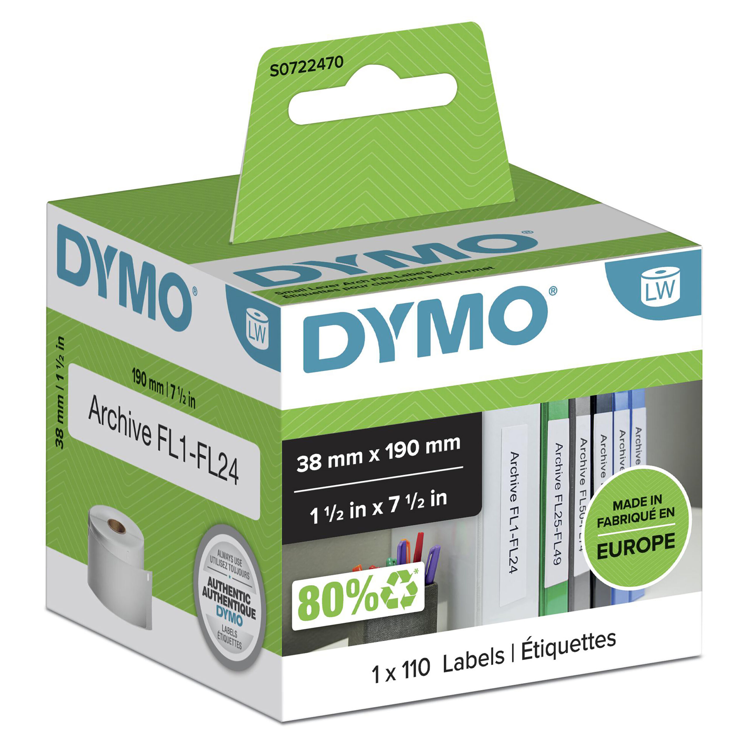 DYMO originele LabelWriter multifunctionele/LAF labels | 38 mm x 190 mm | 110 zelfklevende etiketten | voor de LabelWriter labelprinters | gemaakt in Europa