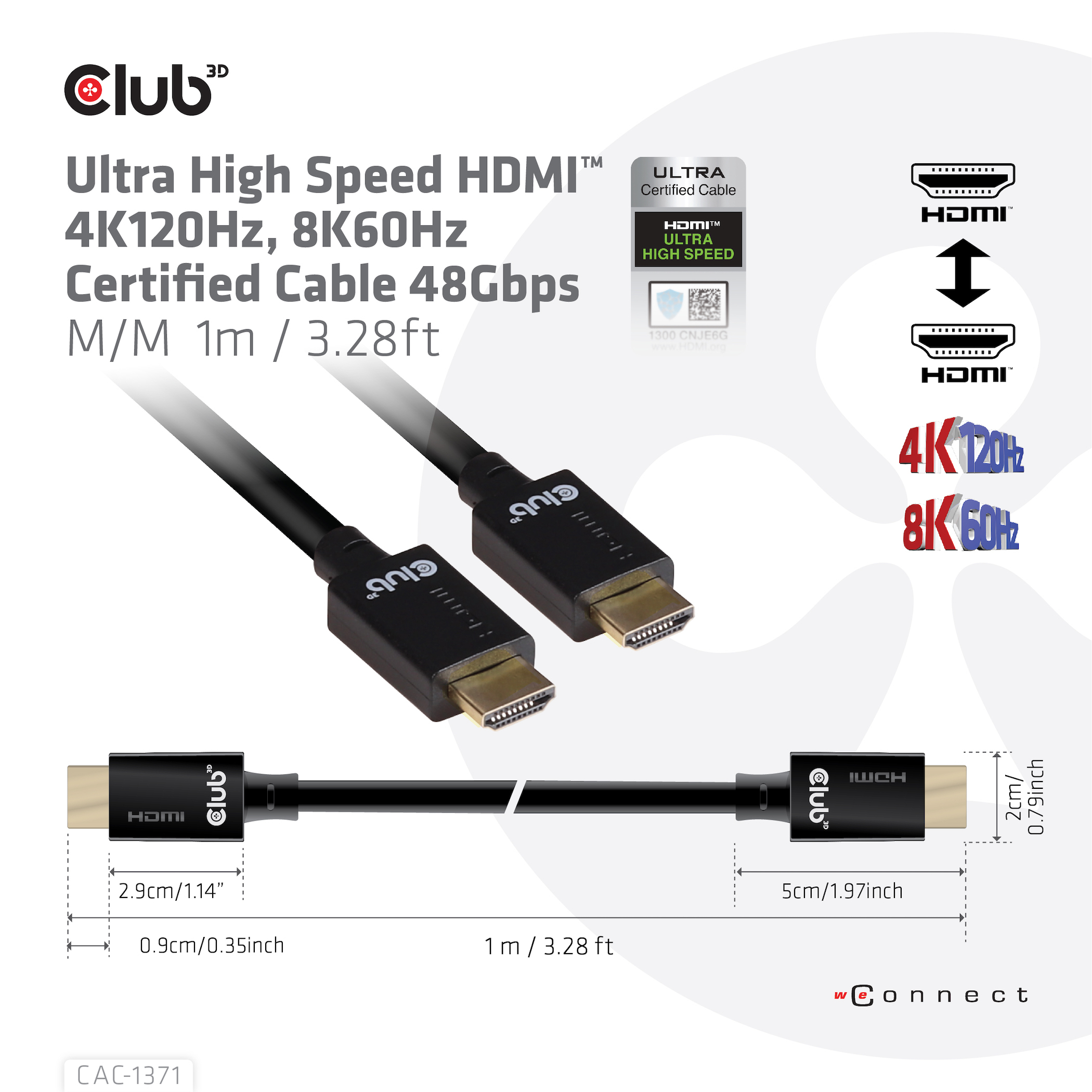 CLUB3D Ultra High Speed HDMI 4K120Hz, 144Hz Certified Cable 48Gbps M/M 1 m/3.28 ft 1Meter - Afbeelding 3