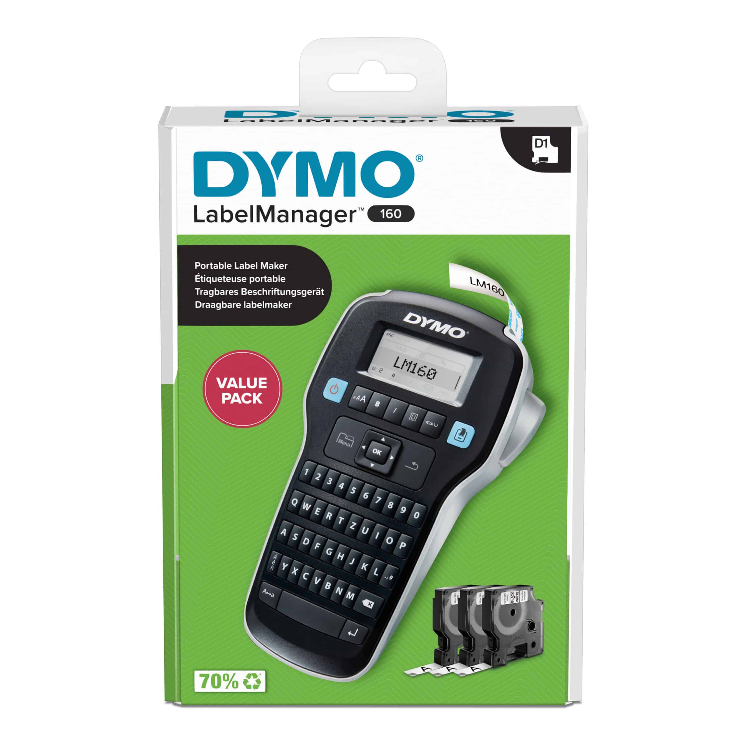 DYMO LabelManager 160 Labelmaker-startpakket | Handheld Labelprinter | met 3 rollen D1 etiketten QWERTZ-toetsenbord | Ideaal voor kantoor of thuis - Afbeelding 8