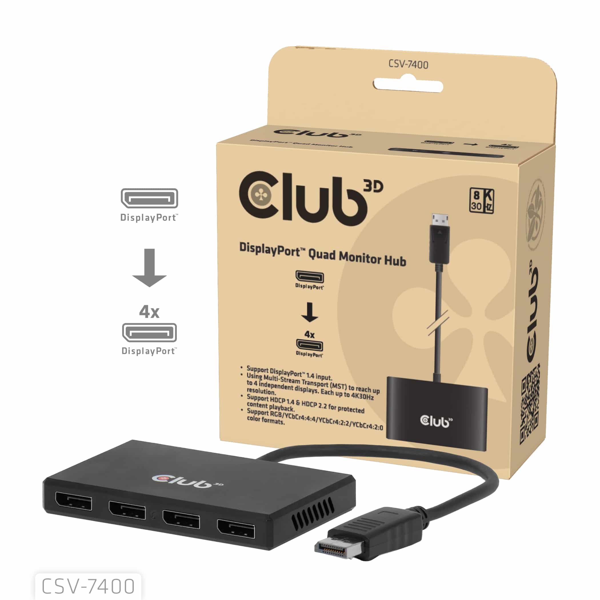 CLUB3D Quad DisplayPort Hub – 4 x 4K Resolution @ 30Hz, MST Support