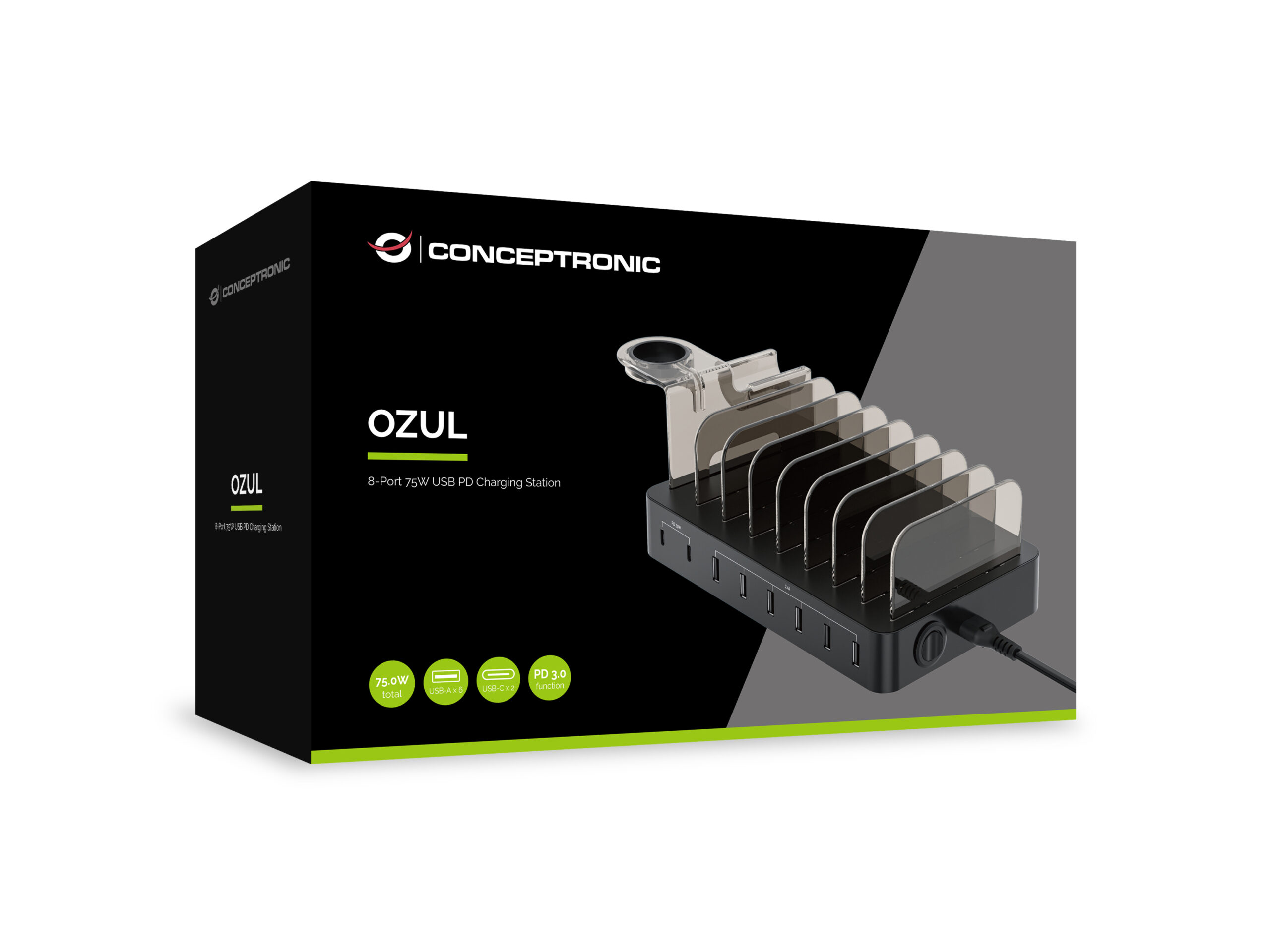 Conceptronic OZUL02B OZUL 8-Port 75W USB PD Charging Station, Indoor, AC, 12 V, Black - Afbeelding 2