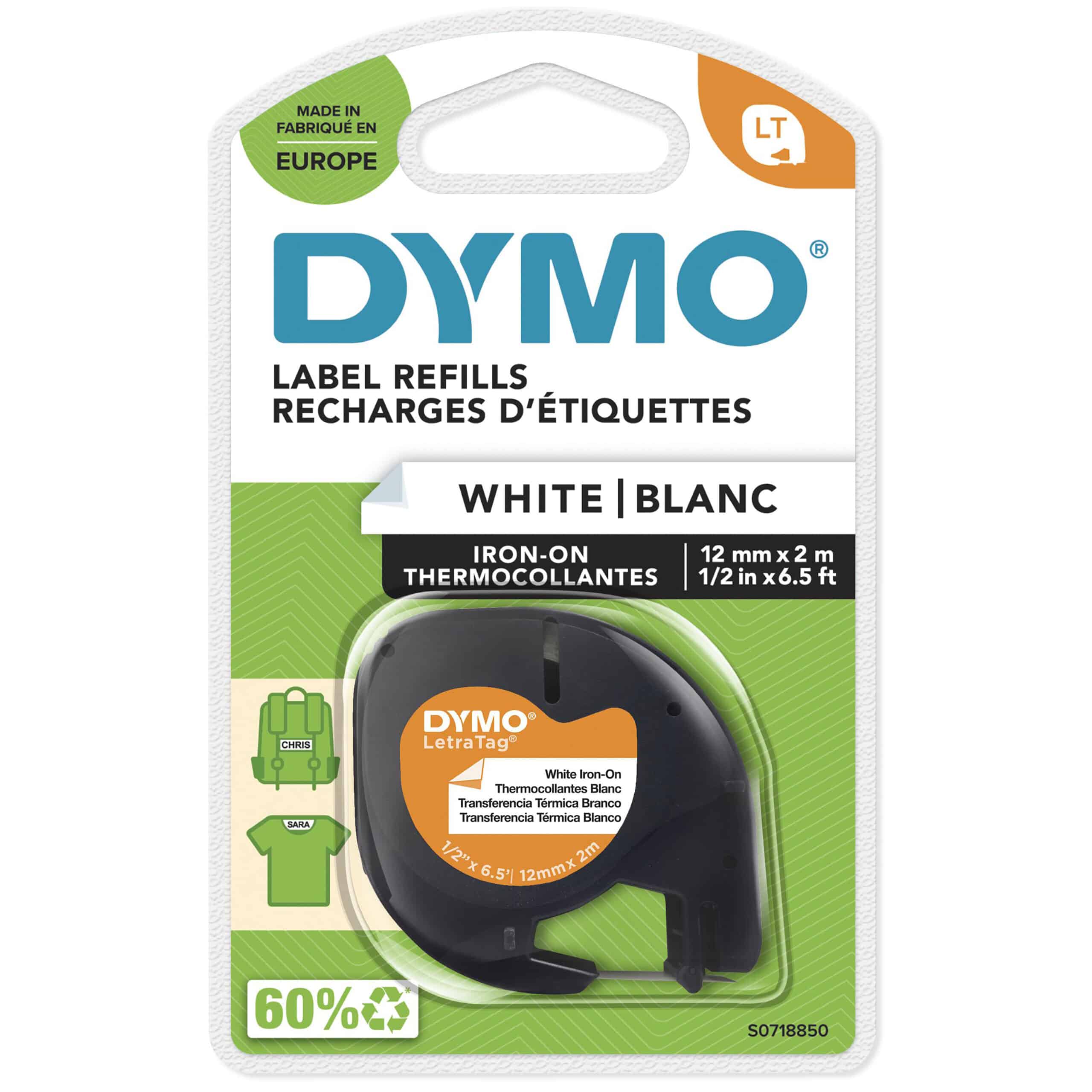 DYMO LetraTag originel opstrijkbare textiellabels | 12 mm x 2 m rol | Zwart afdrukken op witte etiketten | opstrijkbaar voor LetraTag-printers