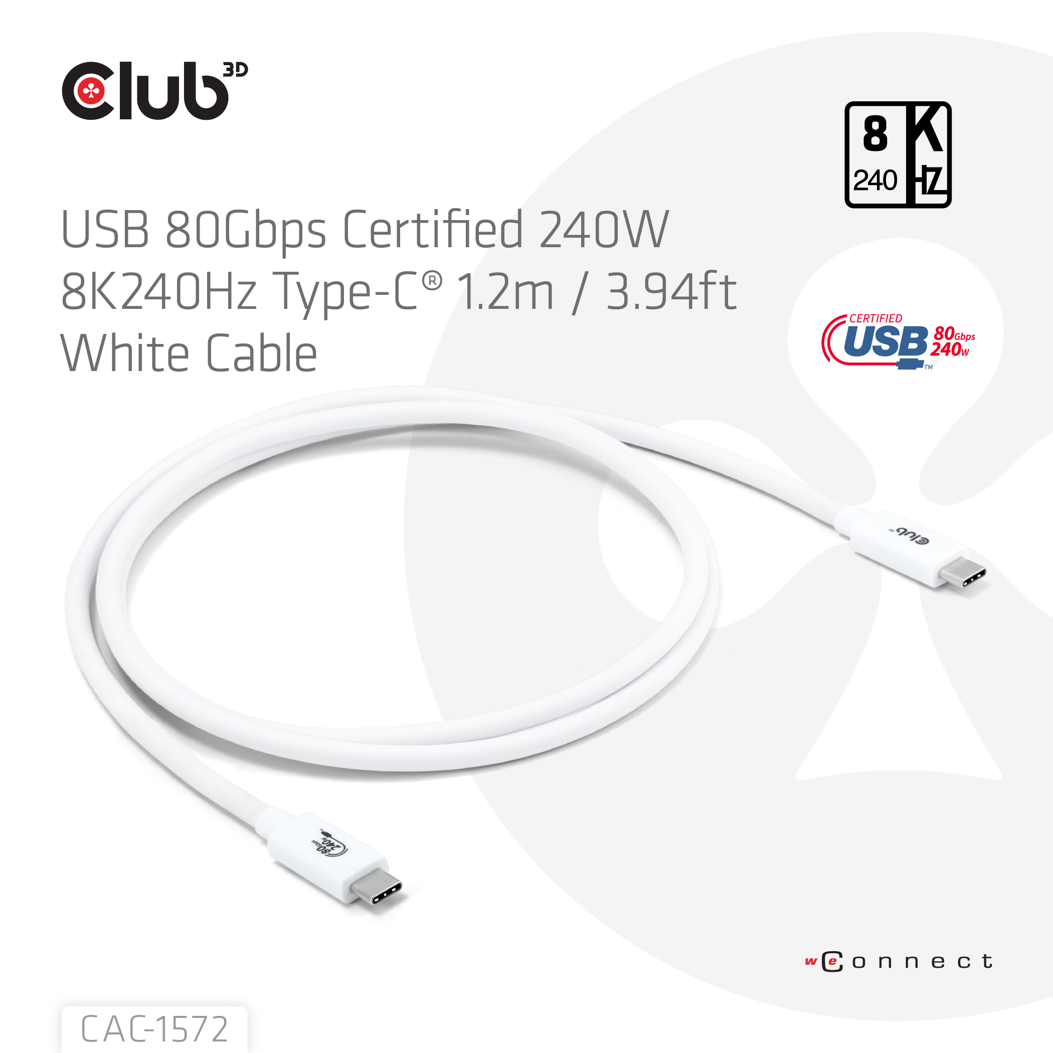 CLUB3D USB 80Gbps Certified 240W 8K240Hz Type-C® 1.2m / 3.94ft White Cable - Afbeelding 3