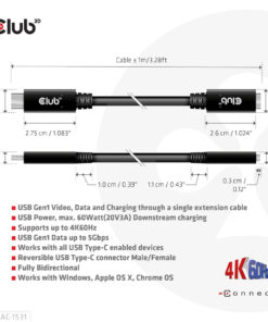 CLUB3D USB Gen1 Type-C Extensie kabel 5Gbps 60W(20V/3A) 4K60Hz M/F 1m/3.28ft - Afbeelding 4