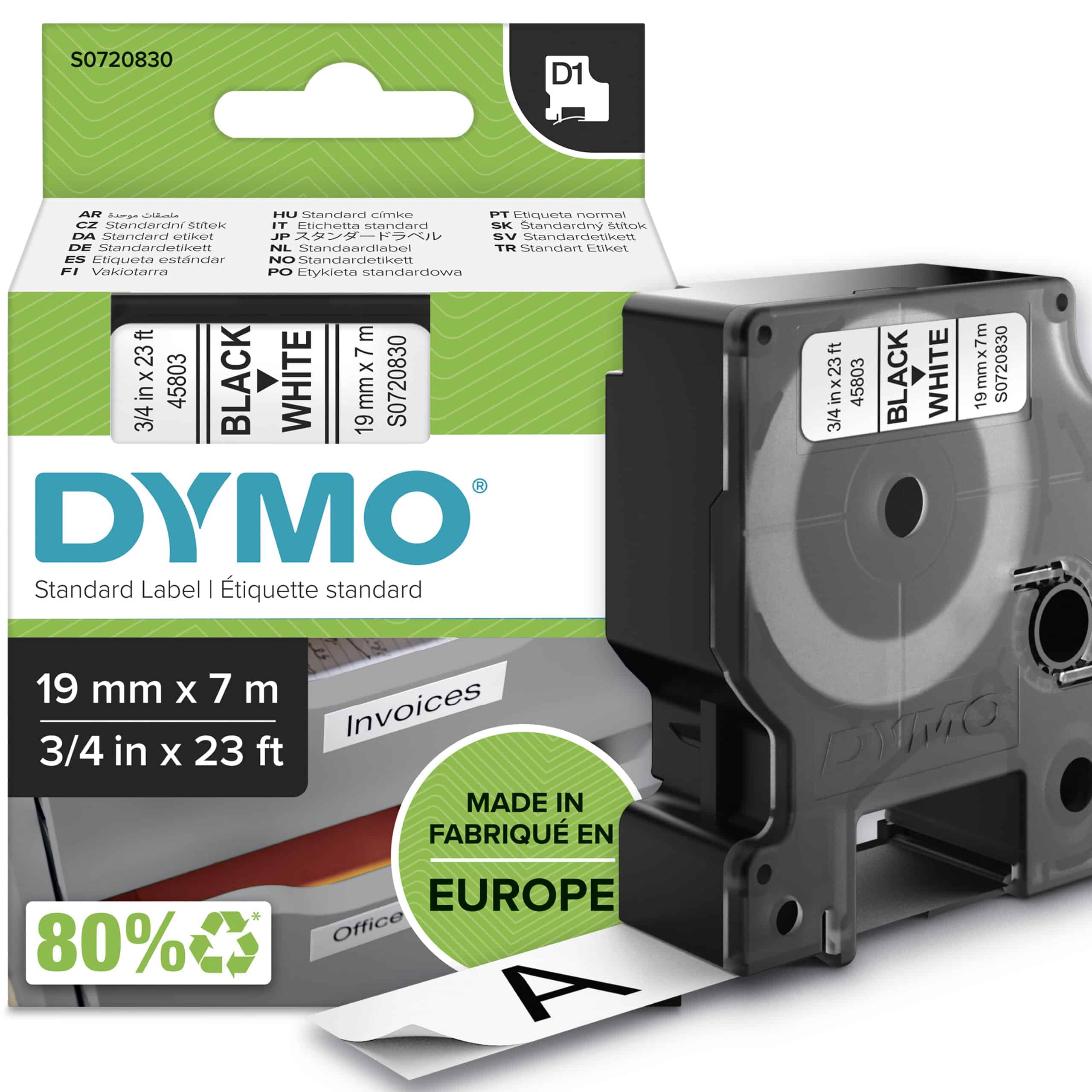 DYMO originele D1 labels | Zwarte Tekst op Wit Label | 19 mm x 7 m | Zelfklevende etiketten voor de LabelManager labelprinter | gemaakt in Europa
