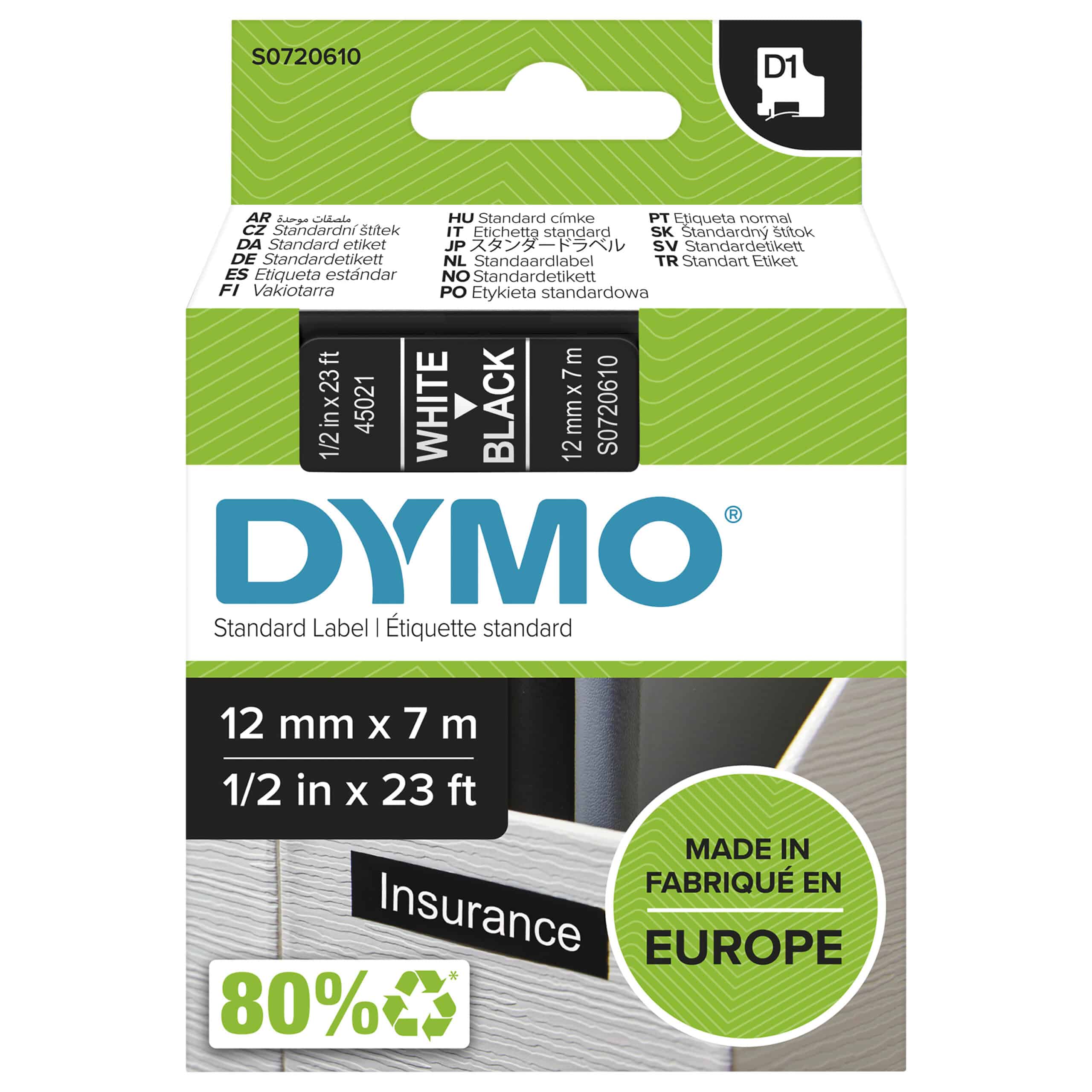 DYMO originele D1 labels | Witte Tekst op Zwart Label | 12 mm x 7 m | zelfklevende etiketten voor de LabelManager labelprinter