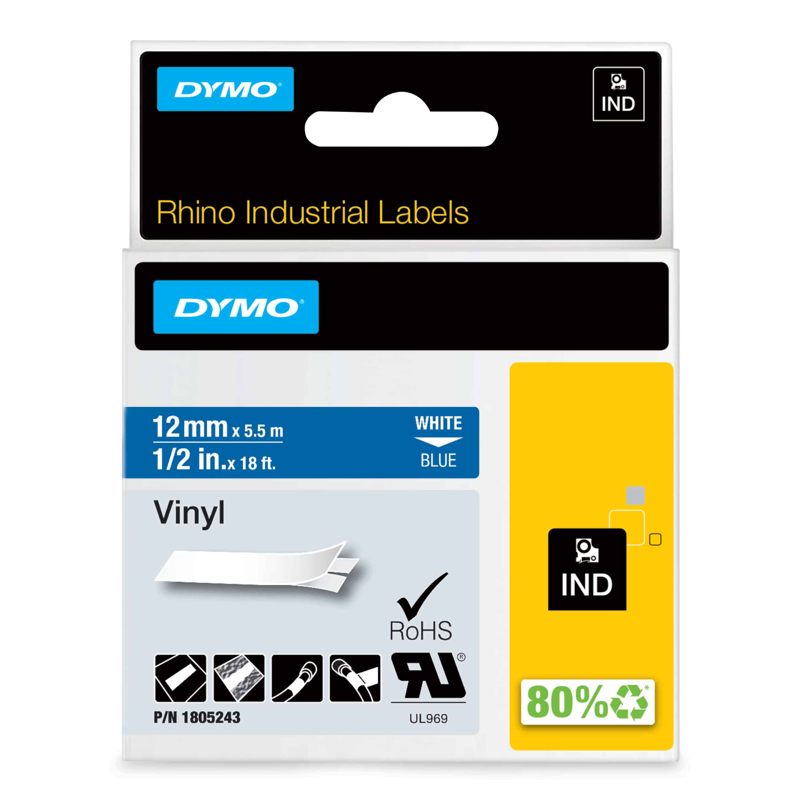 DYMO Rhino industriële Vinyl Labels | 12 mm x 5,5 m | witte afdruk op blauw | zelfklevende labels voor Rhino & LabelManager labelprinters