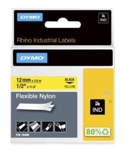 DYMO Rhino industriële Flexibele Nylon Labels | 12 mm x 3,5 m | zwarte afdruk op geel | zelfklevende labels voor Rhino & LabelManager labelprinters