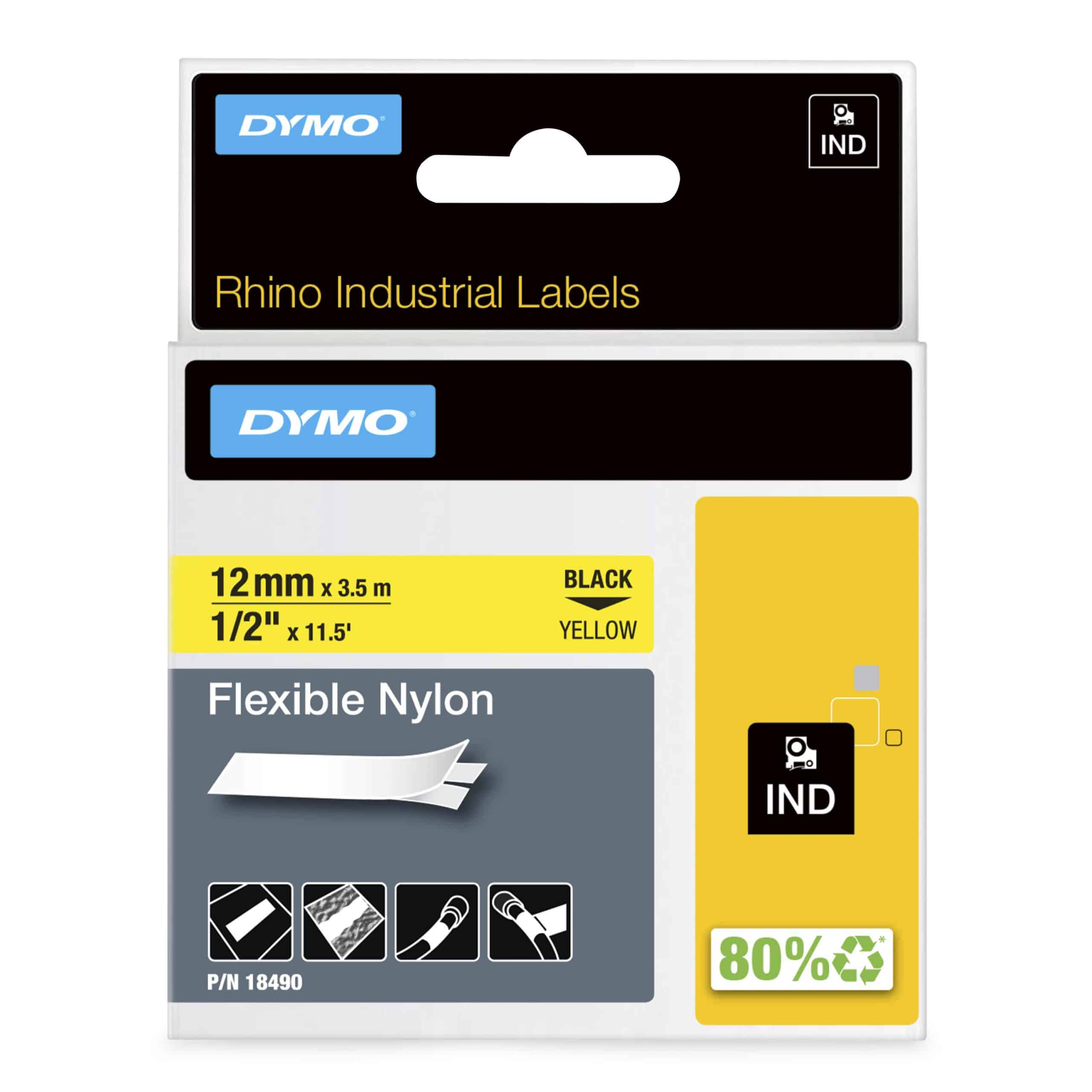DYMO Rhino industriële Flexibele Nylon Labels | 12 mm x 3,5 m | zwarte afdruk op geel | zelfklevende labels voor Rhino & LabelManager labelprinters