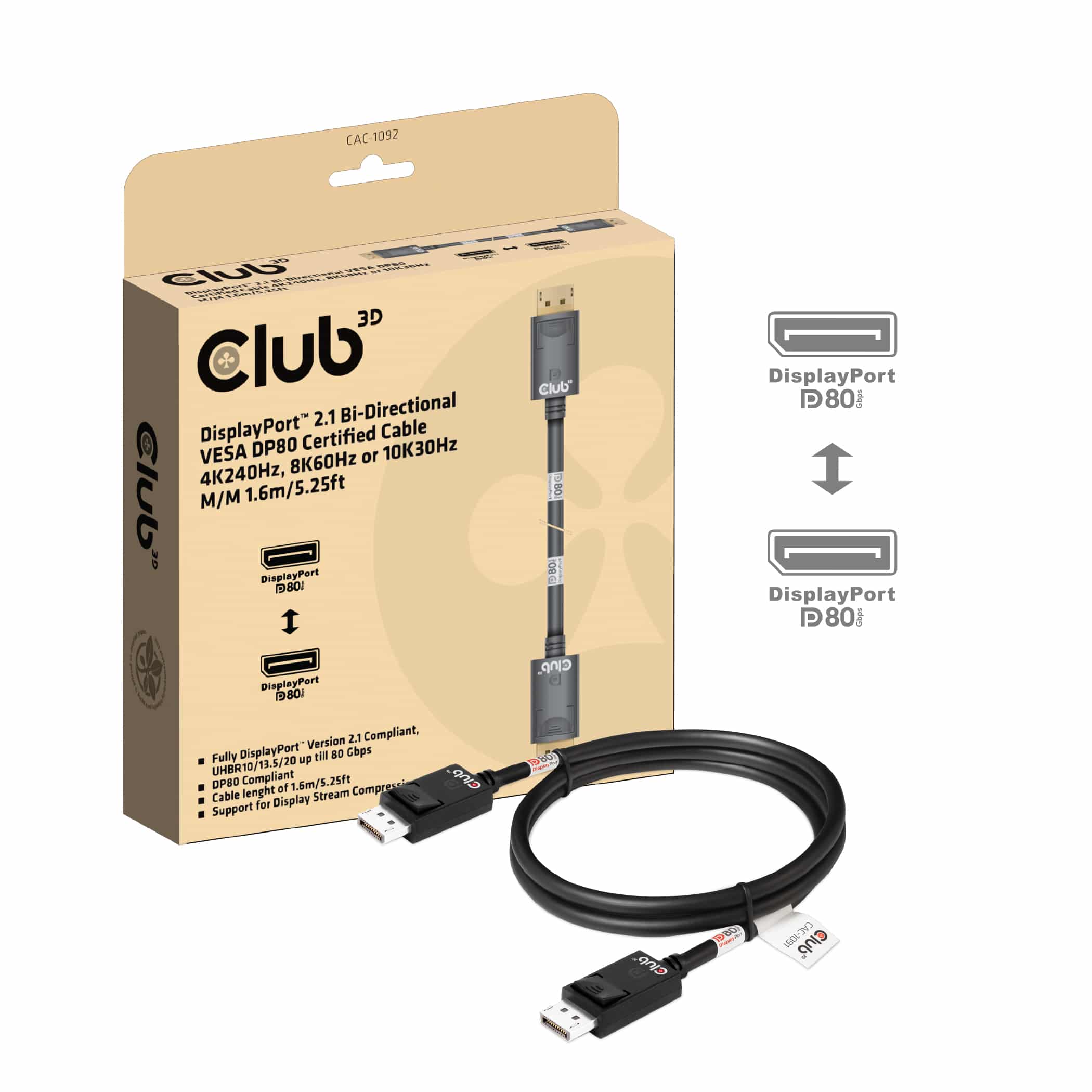 CLUB3D DisplayPort™ 2.1 Bi-Directional VESA DP80 Gecertificeerde kabel 4K240Hz, 8K60Hz or 10K60Hz M/M 1.6m/ Next-Gen Gaming - Afbeelding 2