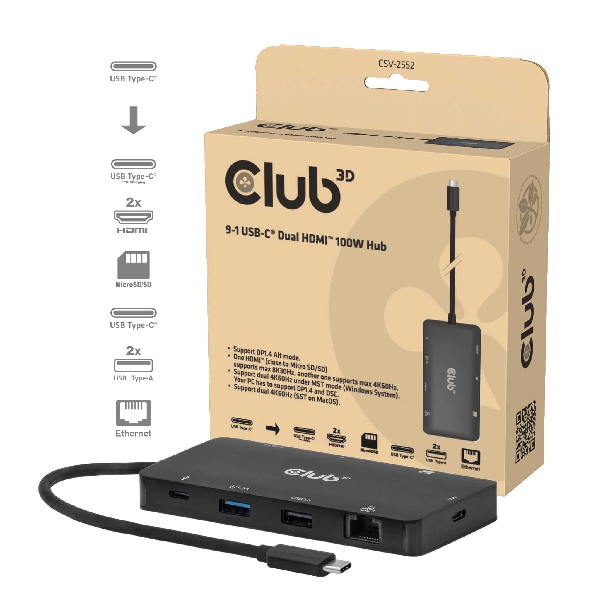 CLUB3D 9-1 Dual HDMI™ USB-C® Hub PD3.0 100W